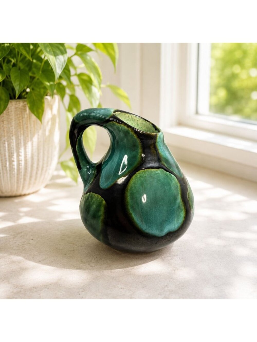 Vintage MCM Handcrafted Vintage Ceramic Pitcher With Abstract Green & Black Glaz